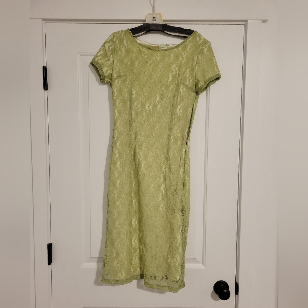 Green Lace Shabby Apple Dress Short Sleeve Midi XS